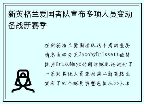 新英格兰爱国者队宣布多项人员变动备战新赛季